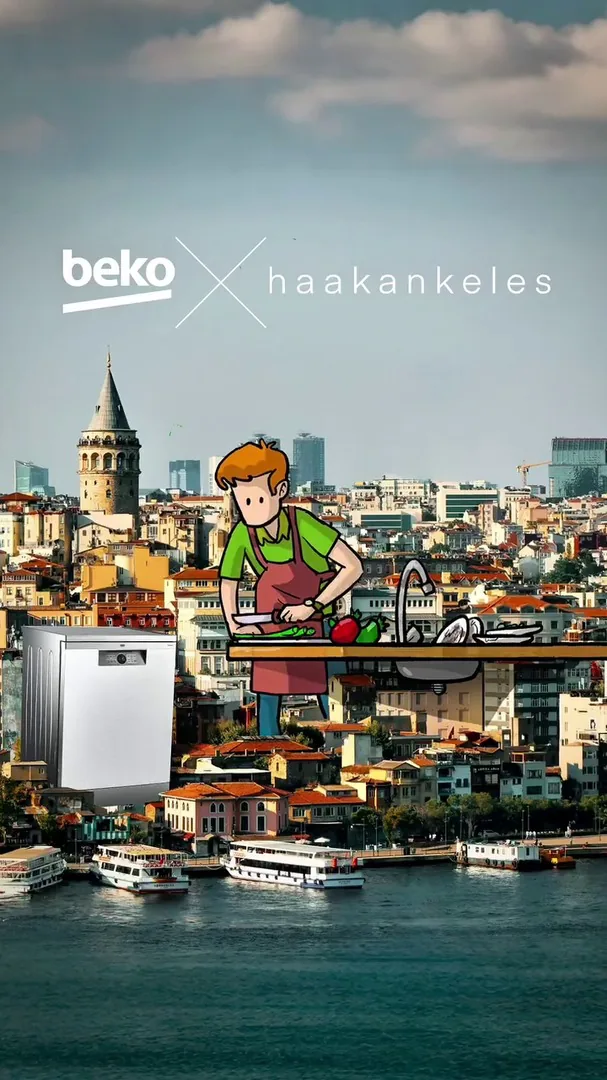 Beko — auto-opening dishwasher over Istanbul