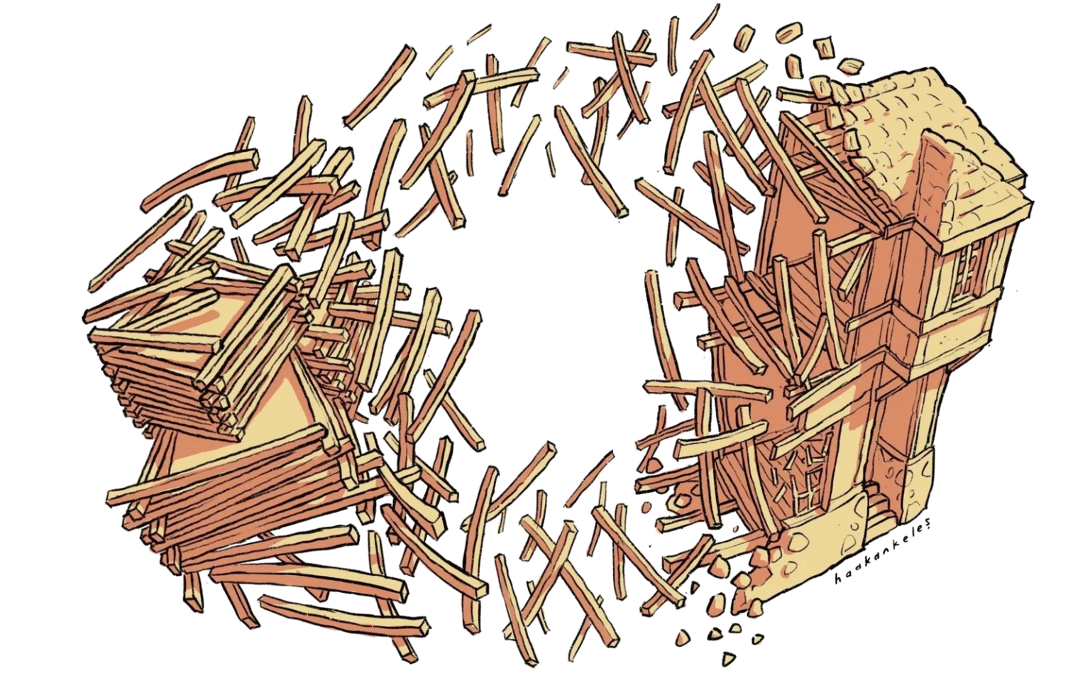 A wooden house bursting into a whirl of planks — illustration by Hakan Keleş